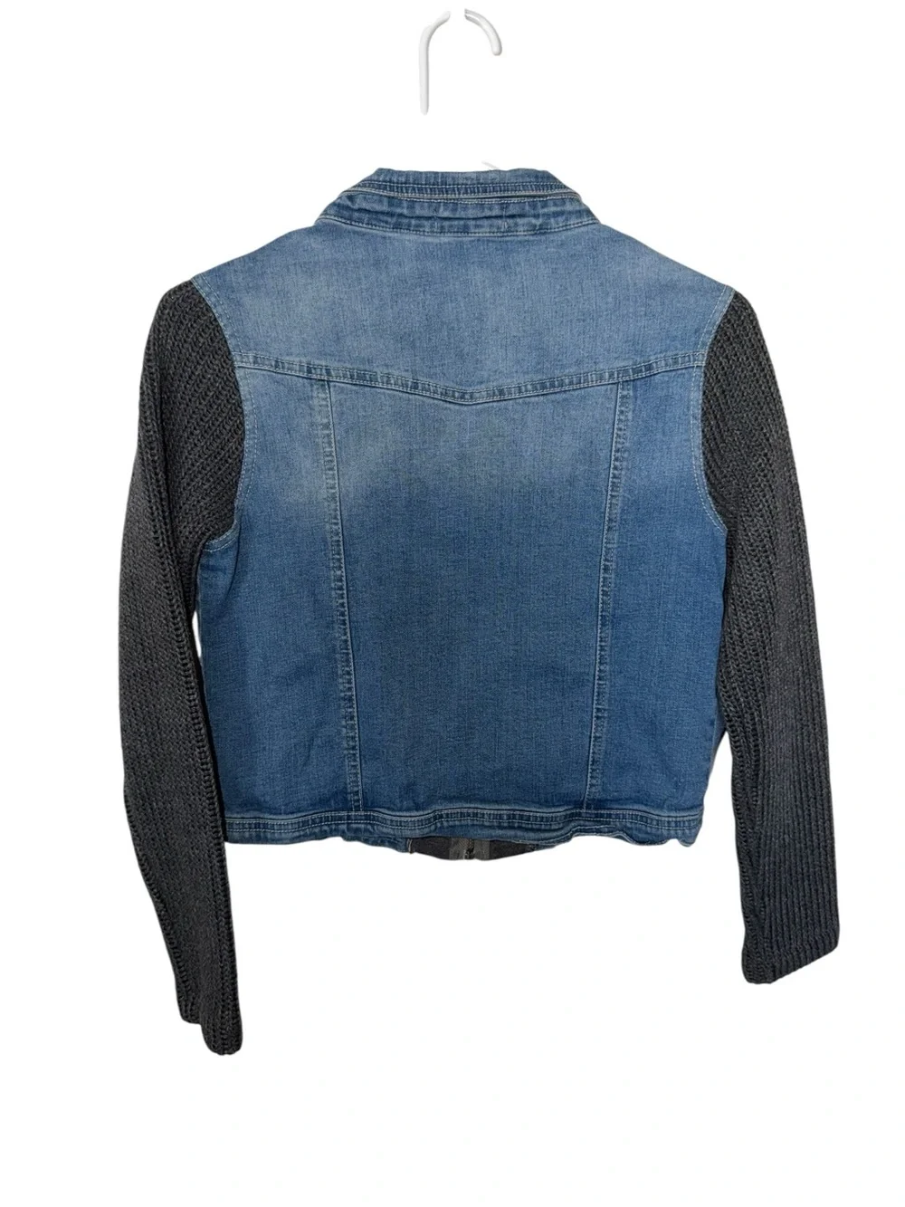 Miss Me Blue Denim Jacket with Charcoal Knit Sleeves
